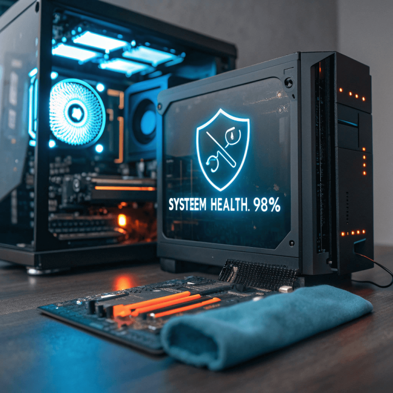 A high-tech workspace showing a disassembled modern desktop computer with glowing internal components, a precision screwdriver, and a digital diagnostic screen displaying system health charts