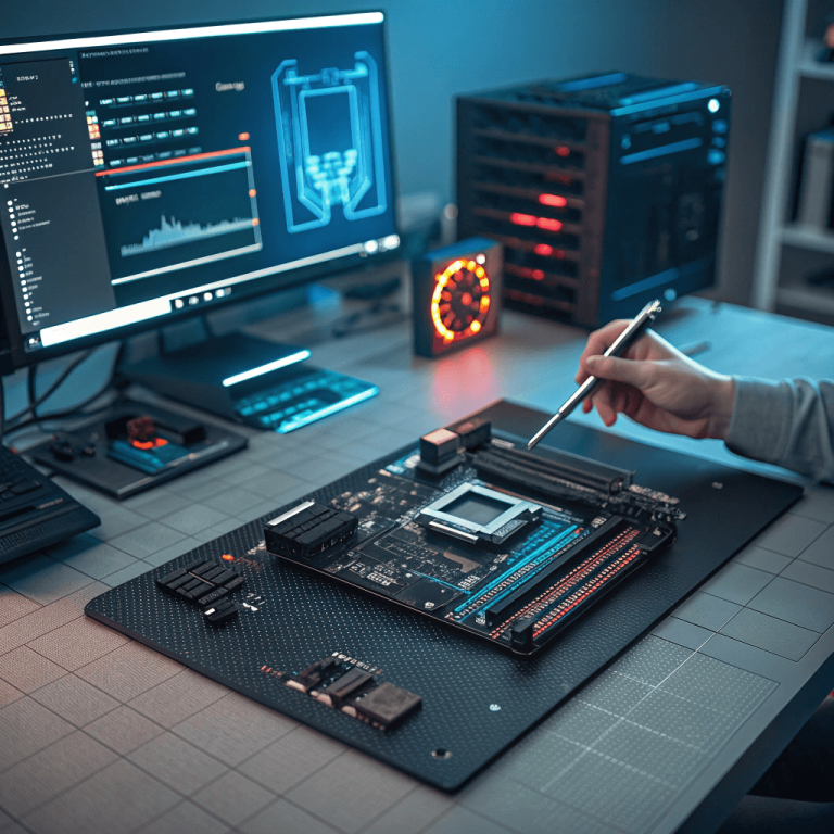 Professional technician performing personal computer hardware and troubleshooting on a high-end motherboard with various PC components