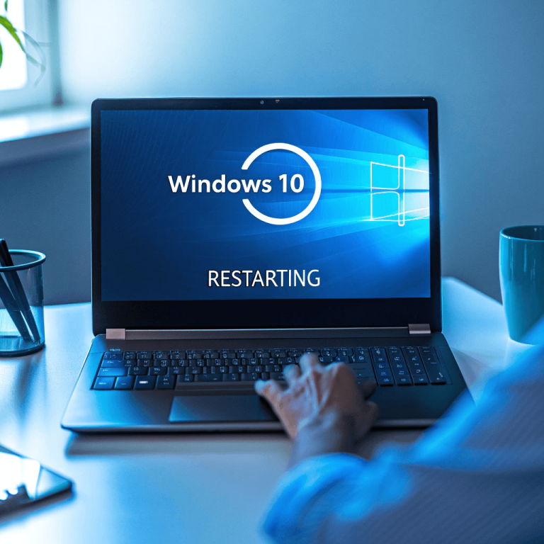 Laptop displaying Windows 10 "Restarting" screen with spinning circle